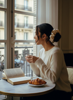 Cream oversized satin scrunchie morning Paris café lifestyle