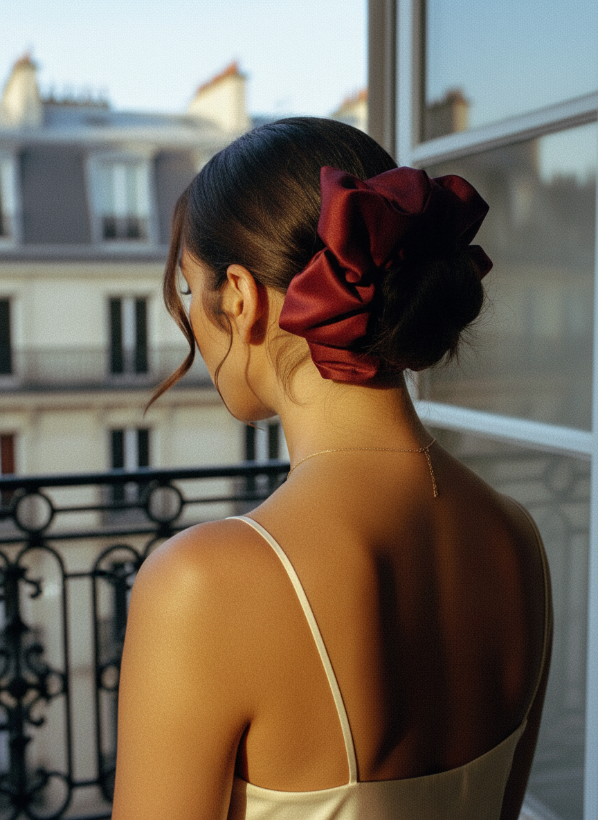 Oversized burgundy satin scrunchie on bun, Parisian balcony golden hour