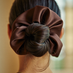 Macro detail mocha brown oversized satin scrunchie texture
